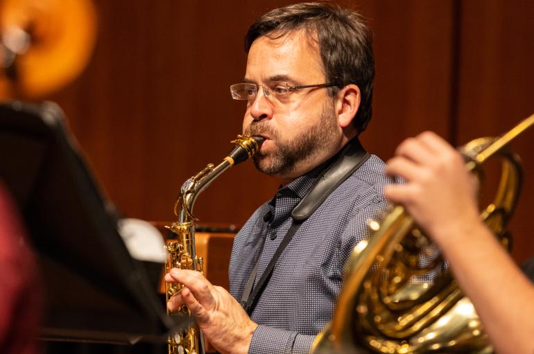 Saxophonist Taimur Sullivan in rehearsal