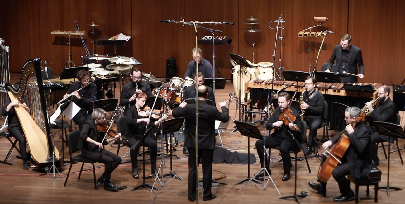 Grossman Ensemble on the stage performing a work by Tania Leon, conducted by Michael Lewanski
