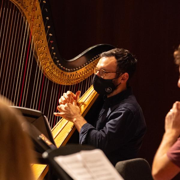 Harpist Ben Melsky in rehearsal