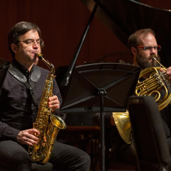 saxophonist Taimur Sullivan and horn player Matt Oliphant in rehearsal